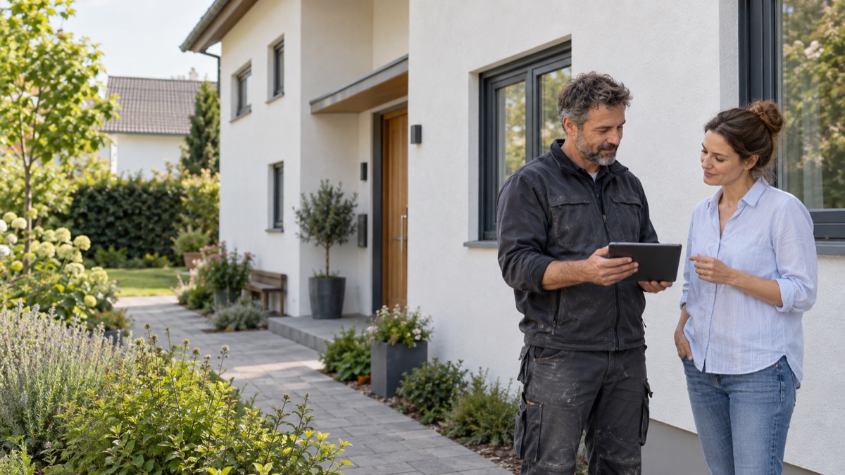 Ein Fachmann und eine Eigentümerin besprechen vor dem Haus ein Projekt auf dem Tablet